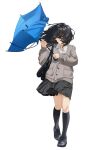  1girl artist_name black_footwear black_hair black_skirt black_socks blue_umbrella broken_umbrella cardigan closed_eyes collared_shirt commentary covered_face full_body grey_cardigan holding holding_umbrella long_sleeves mattaku_mousuke medium_hair original puffy_long_sleeves puffy_sleeves school_uniform shirt simple_background skirt sleeves_past_wrists socks solo standing umbrella walking white_background white_shirt wind wind_lift 