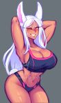  1girl animal_ears armpits arms_behind_head arms_up bare_arms bare_legs boku_no_hero_academia breasts collarbone commentary dark-skinned_female dark_skin grey_background grin groin highres iahfy large_breasts long_hair looking_at_viewer midriff mirko navel one_eye_closed rabbit_ears rabbit_girl rabbit_tail red_eyes simple_background smile solo symbol-only_commentary tail white_hair 