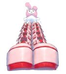  boots closed_mouth from_below full_body highres hood marote03 my_melody no_humans onegai_my_melody pink_footwear pink_headwear rabbit sanrio simple_background smile standing white_background 