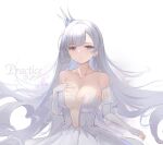  1girl absurdres argus_(azur_lane) azur_lane bare_shoulders breasts cleavage collarbone commentary_request crown dress elbow_gloves fingerless_gloves gloves grey_eyes highres large_breasts long_hair mini_crown upper_body very_long_hair white_dress white_gloves white_hair xifanqvq 