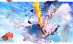 1girl absurdres arm_up bird blue_hair blue_skirt blue_sky bow bowtie cloud dove feet_out_of_frame food frilled_skirt frills fruit highres hinanawi_tenshi keystone long_hair looking_at_viewer outdoors parted_lips peach peach_hat_ornament pfallen rainbow_order red_bow red_bowtie signature skirt sky smile solo sword_of_hisou touhou 