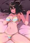  1girl absurdres asuka_(senran_kagura) azur_lane bed bikini black_hair breasts brown_eyes cleavage green_trim hair_between_eyes hair_ribbon highres large_breasts looking_at_viewer lying on_back on_bed origami_aya pillow ponytail rainbow_bikini ribbon senran_kagura senran_kagura_new_link short_ponytail spread_legs striped striped_bikini swimsuit underwear 