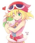  1girl 1other amitie_(puyopuyo) blonde_hair blush donguri_gaeru frog green_eyes hana_(mew) hat heart hug one_eye_closed puyopuyo red_headwear short_hair simple_background sleeveless white_background 