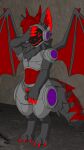  3d_background animal_genitalia anthro asphalt balls claws concrete_wall embarassment embarrassed embarrassed_nude_anthro embarrassed_nude_male fully_sheathed fur genitals grey_balls grey_body grey_fur hair hi_res horn horned_humanoid humanoid machine male metallic_body penis protogen protogen_visor red_body red_claws red_eyes red_fur red_hair red_horn red_penis red_stripes red_wings shaded sheath solo spread_wings stripes tail wall_(structure) wings 