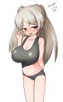  1girl absurdres arm_behind_back black_background breasts brown_eyes casual_one-piece_swimsuit cleavage collarbone conte_di_cavour_(kancolle) dated feet_out_of_frame grey_hair grey_one-piece_swimsuit highres kantai_collection large_breasts long_hair maru_(marg0613) navel one-hour_drawing_challenge one-piece_swimsuit simple_background solo swimsuit tongue tongue_out twitter_username two_side_up 