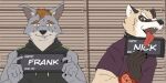  anthro armoredjeez barbie_and_ken_mugshot_meme bodily_fluids canid canine fox humanoid male male/male mammal mnesis nick_saunders_(templar) procyonid raccoon supernova sweat tongue tongue_out 