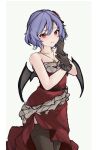  1girl absurdres alternate_costume bat_wings black_thighhighs closed_mouth dress grey_background highres jewelry looking_at_viewer orchid_(orukido) parted_lips pendant purple_hair red_dress red_eyes remilia_scarlet short_hair sile simple_background sketch solo thighhighs touhou wings 