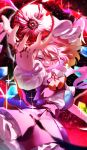  1girl :d absurdres arm_up ascot blonde_hair blood blood_on_hands blurry calpis118 commentary cowboy_shot crystal demon_wings depth_of_field energy_ball eyebrows_hidden_by_hair eyelashes fangs fighting_stance fingernails flandre_day flandre_scarlet floating_hair foreshortening frilled_skirt frills half-closed_eyes hand_up hat highres looking_at_viewer medium_hair mob_cap open_hand open_mouth puffy_short_sleeves puffy_sleeves rainbow_order red_background red_eyes red_nails red_skirt red_vest shirt short_sleeves side_ponytail simple_background skirt slit_pupils smile smirk solo sparkle standing straight-on teeth touhou touhou_gouyoku_ibun vest white_headwear white_shirt wind wind_lift wings yellow_ascot 