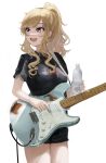  1girl absurdres black_footwear black_shirt blush bottle breasts cable electric_guitar guitar highres holding holding_bottle holding_plectrum idolmaster idolmaster_cinderella_girls instrument lamp_p9 looking_to_the_side medium_breasts ohtsuki_yui plectrum ponytail relic_(guitar) shirt short_sleeves sidelocks simple_background solo water_bottle wavy_hair white_background 
