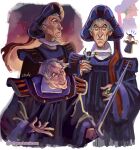  1boy absurdres black_robe claude_frollo colored_sclera disney esmeralda_(disney) french-unicorn grey_hair hand_puppet hat hat_tassel high_collar highres holding holding_sword holding_weapon jewelry long_sleeves male_focus multiple_rings puppet ring robe short_hair shoulder_pads sword the_hunchback_of_notre_dame tricorne twitter_username variations weapon wide_sleeves yellow_sclera 