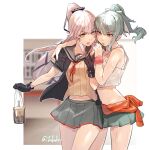  2girls black_jacket black_ribbon blush breasts camisole drink drinking drinking_straw drinking_straw_in_mouth fuwafuwatoufu green_hair green_skirt grey_sailor_collar grey_skirt hair_ribbon highres holding holding_drink jacket kantai_collection long_hair medium_breasts multiple_girls navel official_alternate_costume one-hour_drawing_challenge open_clothes open_jacket open_mouth pink_hair pleated_skirt ponytail ribbon sailor_collar short_sleeves skirt twitter_username very_long_hair white_camisole white_ribbon yellow_eyes yura_(kancolle) yura_kai_ni_(kancolle) yuubari_(kancolle) 