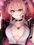  1girl absurdres black_choker breasts choker clenched_teeth collarbone collared_shirt cosmetics fingernails highres idolmaster idolmaster_cinderella_girls jougasaki_mika lamp_p9 large_breasts lipstick_mark lipstick_tube long_fingernails looking_at_viewer lying nail_polish on_back open_clothes open_shirt pink_hair red_nails shirt smile solo teeth twintails white_shirt yellow_eyes 