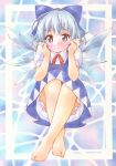  1girl absurdres barefoot bloomers blue_background blue_bow blue_dress blue_hair blush border bow cirno crossed_ankles dress feet full_body furuta_tomohiro hair_bow hands_in_hair hands_up highres ice ice_wings knees_up light_blue_hair looking_at_viewer marker_(medium) medium_hair neck_ribbon outside_border pinafore_dress puffy_short_sleeves puffy_sleeves red_ribbon ribbon shirt short_sleeves sitting sleeveless sleeveless_dress solo straight-on toenails toes touhou traditional_media underwear white_bloomers white_border white_shirt wings 