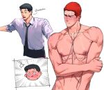  2boys bara black_hair black_pants blush closed_mouth embarrassed fatcat highres large_pectorals male_focus mito_youhei multiple_boys muscular muscular_male necktie nipple_piercing open_mouth pants pectorals piercing red_hair sakuragi_hanamichi shirt short_hair slam_dunk_(series) translation_request white_shirt yaoi 