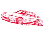  3books absurdres car dust highres monochrome motor_vehicle nissan nissan_180sx nissan_onevia nissan_s13_silvia nissan_silvia no_humans original red_theme shadow sketch sports_car vehicle_focus white_background 