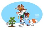  clothing colored crouching doodledoggy farmer food half-closed_eyes hat headgear headwear hi_res kneeling mammal narrowed_eyes on_one_knee overalls plant potato procyonid raccoon simple_background toony vegetable 