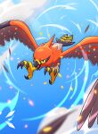  bird blue_sky cloud elementaldraws flying highres no_humans open_mouth outdoors pokemon pokemon_(creature) sky solo talonflame talons 