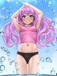  1girl absurdres ahoge armpits arms_up ass_visible_through_thighs black_panties blue_eyes blue_sky blush breasts camisole commentary_request cowboy_shot day grin groin highres john_doe_shinobu long_hair looking_at_viewer navel original paid_reward_available panties pink_camisole pink_hair sky small_breasts smile solo star_sticker sticker_on_face stomach straight-on sweat tareme thick_eyebrows underwear water_drop wet 