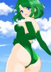  1girl absurdres aged_up ass blue_eyes blush breasts cloud elbow_gloves final_fantasy final_fantasy_iv gloves green_hair green_leotard highleg highleg_leotard highres leotard long_hair looking_at_viewer open_mouth rydia_(ff4) smile solo yuuyuu_(3jjbn) 