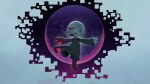  1girl absurdres black_dress child dress evan_stanley floating glitch grey_background highres long_dress looking_at_viewer moon one_eye_covered red_eyes red_moon sage_(sonic) short_hair sky solo sonic_(series) sonic_frontiers white_hair 