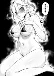  1girl 314khk absurdres barefoot bikini blush breasts cleavage earrings genderswap genderswap_(mtf) genshin_impact greyscale hair_between_eyes hand_on_own_chest highres jewelry kaveh_(genshin_impact) large_breasts long_hair looking_at_viewer micro_bikini monochrome multicolored_hair parted_lips sitting solo speech_bubble sweat swimsuit translation_request 