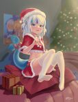  1girl alternate_costume blue_eyes blue_hair blurry blurry_background blush bow capelet chibi christmas_tree commentary crop_top english_commentary fang feet fins fish_tail fpvjoe full_body fur_trim gawr_gura gift hair_ornament hand_up hat highres hololive hololive_english knees_together_feet_apart knees_up long_hair looking_at_viewer midriff miniskirt multicolored_hair navel no_shoes open_mouth red_bow red_capelet red_headwear red_skirt santa_costume santa_hat shark_girl shark_tail sidelocks signature sitting skin_fang skirt smol_ame smol_gura soles solo streaked_hair tail thighhighs thighs toes two_side_up virtual_youtuber watson_amelia white_thighhighs 