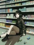  1girl absurdres black_eyes black_hair black_jacket black_shorts gun highres holding holding_gun holding_weapon indoors jacket okura_lino on_floor original revolver shadow shop short_hair shorts solo weapon 