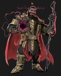  1boy absurdres baldur&#039;s_gate_3 bara beard black_sclera cape character_request colored_sclera dopey_(dopq) dwarf evil_smile facial_hair full_body gloves gold_armor highres looking_at_viewer male_focus mature_male muscular muscular_male original red_cape red_lightning short_hair smile solo standing thick_mustache tiara umbrakinesis 