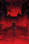 1boy absurdres ascot blood blood_on_clothes building facing_viewer fedora gloves hat highres inkblot lamppost male_focus mask outdoors puddle rain red_sky road rorschach scarf sky street taocan_shisi_hao trench_coat watchmen 