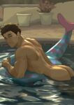  1boy absurdres alternate_body_size alternate_hairstyle ass back biceps brown_eyes flower_pot haikyuu!! highres inflatable_fish inflatable_toy light_smile male_focus muscular muscular_male photo-referenced plant pool potted_plant sawamura_daichi simonsuke 