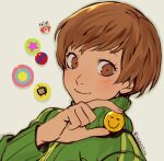  1girl badge brown_eyes brown_hair button_badge green_jacket grey_background holding jacket kuma_(persona_4) long_sleeves neekosiah outline persona persona_4 satonaka_chie short_hair simple_background smile solo star_(symbol) television track_jacket twitter_username upper_body 