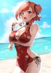  1girl absurdres arisugawa_natsuha arm_under_breasts beach black_eyes blue_sky blush breasts cleavage cloud commentary_request cowboy_shot drop_earrings earrings gawawawa hair_bun hair_ribbon halterneck hand_up highres idolmaster idolmaster_shiny_colors jewelry large_breasts long_hair looking_at_viewer monokini ocean one-piece_swimsuit open_mouth orange_hair ponytail red_nails red_one-piece_swimsuit red_ribbon ribbon side-tie_one-piece_swimsuit single_hair_bun sky solo standing swimsuit tassel tassel_earrings 