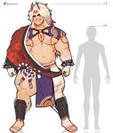  1boy alternate_height alternate_muscle_size arataki_itto bandaged_foot bandaged_leg bandages bara bare_pectorals barefoot belly body_markings bodypaint bulge covered_penis flaccid full_body genshin_impact grin height_difference highres horns large_pectorals long_hair looking_at_viewer male_focus muscular muscular_male navel nipples oni oni_horns pectorals pelvic_curtain plump red_eyes red_horns revealing_clothes sharp_teeth smile solo standing stomach teeth thick_eyebrows thick_thighs thighs tusks varant_art white_hair 