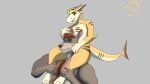  2021 anthro blue_eyes body_hair boyfriends carrying carrying_another carrying_partner chest_hair claws clothed clothing codan codans duo eyes_closed fish girly grey_body happy hi_res kangaroo macropod male male/male mammal marine markings marsupial nude pseudo_hair requiem_shark riding_on_back shark simple_background sitting_on_shoulders smilling tentacle_hair tentacles tiger_shark topless topless_male yellow_body 