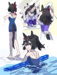  animal_ears aona_(gummy_um) black_hair blue_eyes blue_one-piece_swimsuit bow bowtie competition_school_swimsuit hair_down hair_dryer holding holding_hair_dryer horse_ears horse_girl katsuragi_ace_(umamusume) looking_to_the_side mirror multicolored_hair multiple_views one-piece_swimsuit partially_submerged ponytail pool puffy_short_sleeves puffy_sleeves purple_bow purple_bowtie purple_serafuku purple_shirt sailor_collar sailor_shirt school_swimsuit school_uniform serafuku shirt short_sleeves skirt streaked_hair swimsuit tail tail_through_clothes tracen_school_uniform tracen_swimsuit umamusume white_skirt 
