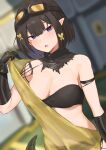  1girl absurdres arknights bare_shoulders black_gloves blue_eyes blurry blurry_background dutch_angle eunectes_(arknights) eyewear_on_head gloves highres looking_at_viewer pointy_ears solo torn_clothes upper_body user_urem3733 