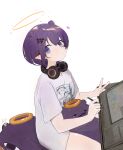  1girl absurdres blue_eyes closed_mouth commentary drawing_tablet halo headphones headphones_around_neck highres holding holding_stylus hololive hololive_english looking_at_viewer nereb_72 ninomae_ina&#039;nis ninomae_ina&#039;nis_(5th_costume) pointy_ears print_shirt purple_hair shirt short_hair short_sleeves simple_background sitting solo stylus t-shirt takodachi_(ninomae_ina&#039;nis) v virtual_youtuber white_background white_shirt 