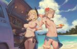  2girls :d beach bigrbear blonde_hair blue_sky blush breasts brown_hair car cloud commentary_request day flower food green_eyes hair_flower hair_ornament highres holding holding_ladle holding_plate ketchup ladle large_breasts looking_at_viewer motor_vehicle multiple_girls navel nipples ocean omelet omurice open_mouth original outdoors plate pussy red_flower short_hair short_twintails sky small_breasts smile standing twintails uncensored yellow_eyes 