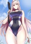  1girl arms_up ass ass_visible_through_thighs black_choker black_jacket black_one-piece_swimsuit blush breasts brown_hair choker clash_kuro_neko closed_mouth competition_swimsuit covered_navel eyewear_on_head from_below goddess_of_victory:_nikke hair_between_eyes highleg highleg_swimsuit highres holding holding_weapon jacket large_breasts light_brown_hair long_hair looking_at_viewer looking_down multicolored_clothes official_alternate_costume one-piece_swimsuit over_shoulder rapi_(classic_vacation)_(nikke) rapi_(nikke) red_eyes sidelocks skin_tight solo standing swimsuit thigh_gap weapon weapon_over_shoulder 