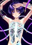  1boy absurdres artist_name closed_mouth commentary_request genshin_impact hagehiro heart highres looking_at_viewer male_focus mechanization purple_eyes purple_hair scaramouche_(genshin_impact) see-through short_hair simple_background skeleton topless_male upper_body veins x-ray 