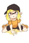  1girl bandaid_on_ear bike_shorts black_headwear black_shorts blonde_hair hat inkling inkling_girl kikai_(akita_morgue) open_mouth orange_footwear orange_shirt pointy_ears purple_eyes shirt shoes short_sleeves shorts simple_background sitting solo splatoon_(series) sweatdrop tentacle_hair wariza white_background 