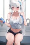  1girl absurdres blue_archive blush breasts can collarbone halo highres holding holding_can holding_towel k_0art large_breasts long_hair looking_at_viewer navel noa_(blue_archive) ponytail purple_eyes shirt shorts sidelocks sleeveless sleeveless_shirt smile solo thighs towel very_long_hair white_hair 