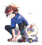  1boy absurdres artist_name bird black_bodysuit blue_jacket bodysuit bodysuit_under_clothes bright_pupils brown_eyes brown_hair closed_mouth grey_shorts highres jacket jayj_824 male_focus nate_(pokemon) own_hands_together pokemon pokemon_(creature) pokemon_(game) pokemon_bw2 red_headwear rufflet shoes short_hair short_sleeves shorts simple_background smile sneakers squatting twitter_username visor_cap white_background white_pupils zipper_pull_tab 