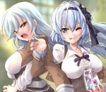  2girls ;p annoyed aqua_eyes aqua_hair assault_lily belt black_hairband black_ribbon blue_hair blurry blurry_background breasts brown_jacket brown_skirt buttons candy candy_jar collared_shirt commentary_request cropped_jacket floating_hair food green_eyes grey_belt hair_between_eyes hair_ribbon hairband hand_up higashikuze_tokuko high-waist_skirt holding holding_candy holding_food holding_jar indoors jacket jacket_on_shoulders jar large_breasts long_hair long_sleeves looking_at_food looking_at_viewer looking_to_the_side medium_hair miwada_rito multiple_girls neck_ribbon off_shoulder one_eye_closed open_clothes open_jacket open_mouth purple_ribbon ribbon school_uniform shirt sidelocks skirt suspender_skirt suspenders teeth tongue tongue_out upper_body upper_teeth_only urutsu_sahari v-shaped_eyebrows very_long_hair white_shirt window 