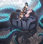  2023 big_breasts black_body black_scales blonde_hair breasts brown_hair butt claws digital_media_(artwork) dirt ear_fins female female/female fin hair hydra multi_body multi_tail nipples nude scales smile strawberrytfs tail 