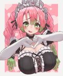  1girl absurdres alternate_costume blush border braid breasts cleavage commentary_request elbow_gloves enmaided frills gloves gradient_hair green_eyes green_hair heart heart_hands heart_pendant highres huge_breasts jaguarsee kanroji_mitsuri kimetsu_no_yaiba long_hair looking_at_viewer maid moe_moe_kyun! mole mole_under_eye multicolored_hair multiple_braids open_mouth partial_commentary pink_hair shy simple_background smile solo tri_braids upper_body white_border white_gloves 