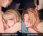  1boy 1girl aiphelix blonde_hair blue_eyes blush comforting crying crying_with_eyes_open edward_elric english_text fullmetal_alchemist grabbing_another&#039;s_hair grin hair_pulled_back hetero highres hug implied_anal implied_sex long_hair looking_at_viewer meme on_bed saliva smile sometimes_like_this/also_like_that_(meme) streaming_tears tears winry_rockbell yellow_eyes 