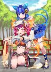  2girls animal_ears bare_shoulders blue_eyes blue_hair breasts cat_ears crop_top detached_sleeves duel_monster full_body ha-re_the_sword_mikanko highres kneeling long_sleeves medium_breasts multiple_girls ni-ni_the_mirror_mikanko open_mouth outdoors pinyata_(pinyaland) red_eyes red_hair short_hair skirt tail tree twintails yu-gi-oh! 