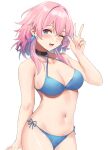  1girl bikini black_choker blue_bikini blush breasts choker cleavage earrings gradient_eyes hair_between_eyes halterneck hand_up honkai:_star_rail honkai_(series) jewelry kauru00 march_7th_(honkai:_star_rail) medium_breasts medium_hair midriff multicolored_eyes navel one_eye_closed open_mouth pink_hair side-tie_bikini_bottom sidelocks simple_background single_earring solo stomach swimsuit three-finger_salute two-tone_eyes white_background 