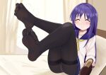  1girl absurdres bed bed_sheet black_pantyhose blush closed_eyes curtains feet feet_up foot_focus full_body highres hinata_yukari indoors knees_up leaning_back legs long_hair lts_kakuyo no_shoes on_bed panties pantyhose pillow purple_hair school_uniform shoes shoes_removed sitting smell smile soles solo steaming_body sweatdrop thighband_pantyhose thighs toes underwear white_panties yuyushiki 